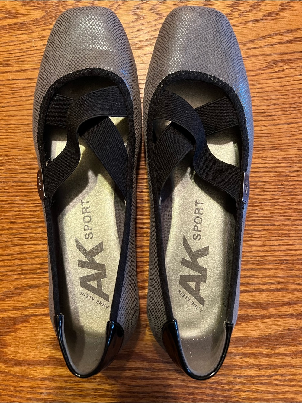 Anne Klein Sport Gray Ballet Flats with Black Elastic Cross Straps